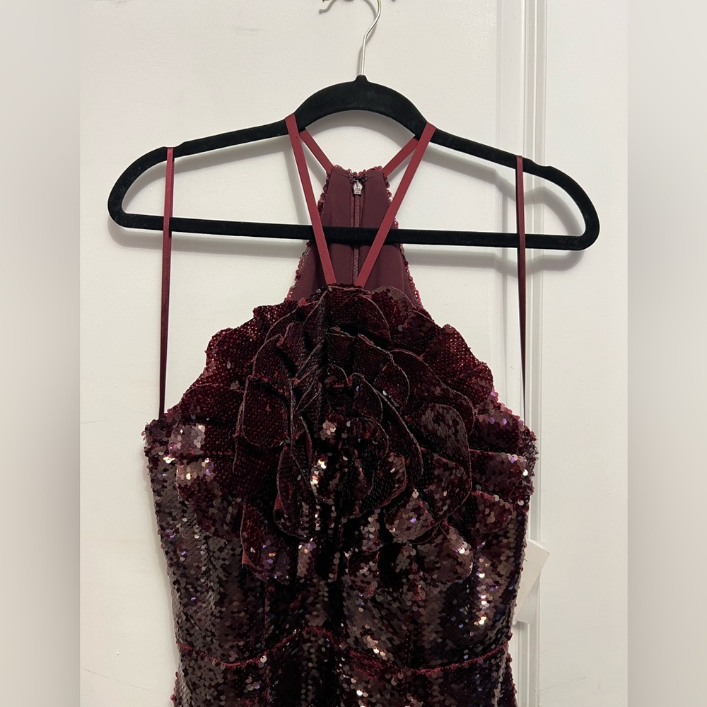 Rene Ruiz Burgundy Wine Red Rose Prom Dress Long with slit